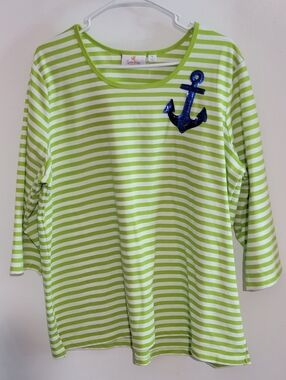 Quacker Factory Lime Green & White Striped Top with Blue Sequin Anchor NWOT
